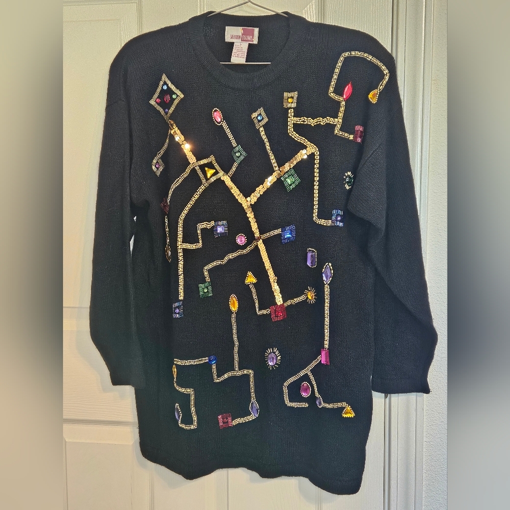 Vintage Black Jeweled And Beaded Knit Sweater